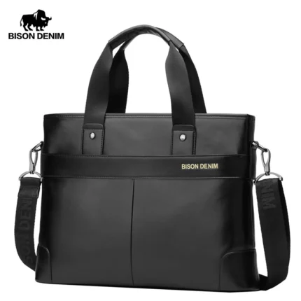 BISON DENIM Cowhide Briefcase Business Travel Bag Male Computer Laptop Handbag Casual Shoulder Crossbody Bag Messenger