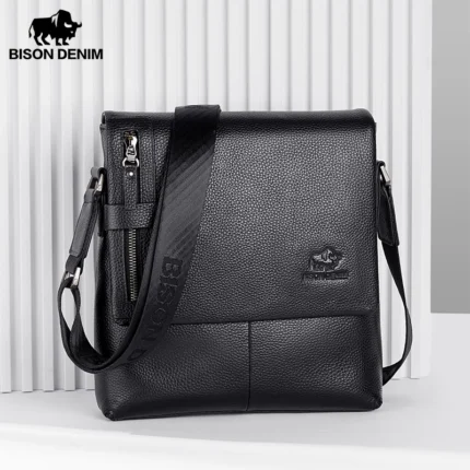 BISON DENIM New Genuine Leather Men Handbags Flap Men's Shoulder Bag Casual Office Messenger Bags Fashion Crossbody Bag