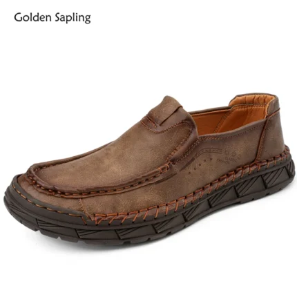 Golden Sapling Man Soft Leather Loafers Outdoor Retro Basic Boat Driving Shoes for Men Anti-slip Flats Male Casual Footwear 2025